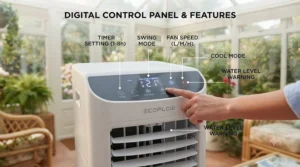 Close-up of a digital control panel and remote showing timer settings and variable fan speed options on a cooling unit.