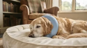 Elderly Labrador resting comfortably indoors wearing a flexible dog cooling collar.
