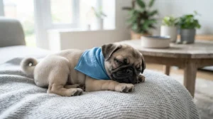Small Pug puppy resting comfortably indoors while wearing an adjustable pet cooling towel.