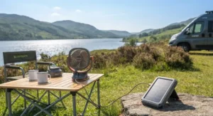 USB power bank fan charging via solar panel during a bright afternoon camping trip in the Scottish Highlands.
