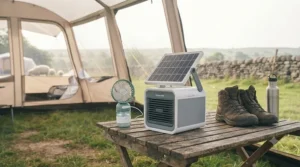 A portable solar panel charging a small USB cooling fan outside a backpacker's tent