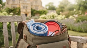 Packed dog walking bag containing a rolled-up dog cooling collar alongside a collapsible water bowl and lead.