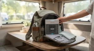 A lightweight rechargeable personal air cooler packed inside a travel backpack for use in caravans, offices, or student dorms.