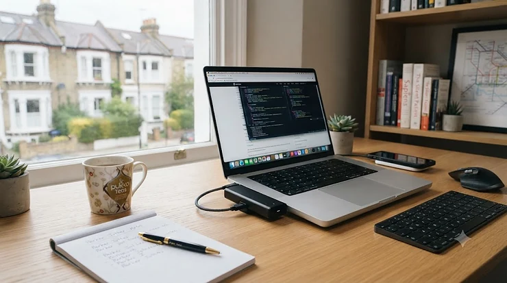 Sleek USB-C cooling device for laptop plugged into a modern desk setup in a British home office. USB-C cooling device for laptop