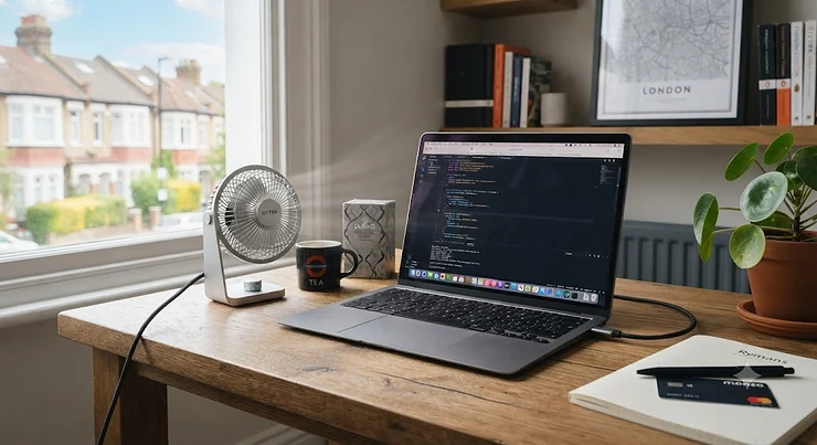 A sleek USB-C desk fan sitting on a wooden home office desk next to a laptop, keeping cool during a warm British summer USB-C desk fan