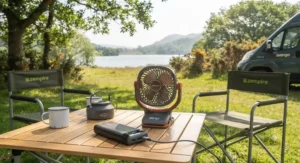 Compact USB desk fan plugged into a portable power bank on a picnic table at a scenic campsite in Cornwall.