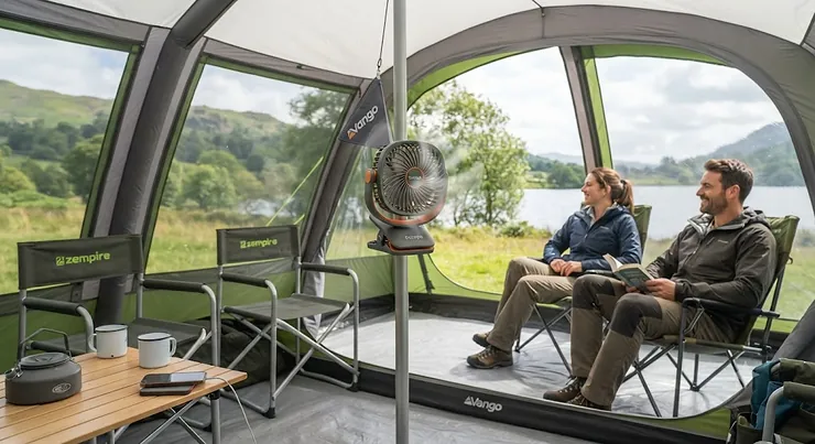 Portable USB power bank fan keeping campers cool inside a tent on a summer camping trip in the UK. USB power bank fans for camping