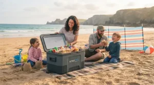 Family enjoying a sunny day at a British beach with their versatile portable cooler[cite: 7].