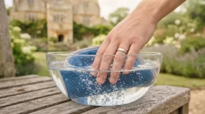 Close-up of a vibrant blue dog cooling collar being soaked in cold tap water before use.
