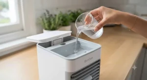 Demonstrating how to easily fill the removable water tank of a rechargeable personal AC unit for evaporative cooling.