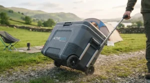 Person pulling a wheeled portable cooler easily across campsite grass on a family holiday[cite: 4].