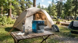 Using a portable battery cooler for van life next to a tent on a sunny campsite.