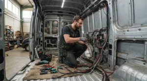 Installing electrical wiring for a battery cooler for van life during a campervan conversion project.