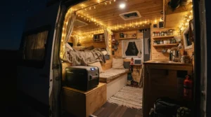 A quiet evening scene featuring a low-hum battery cooler for van life inside a cozy campervan bedroom.