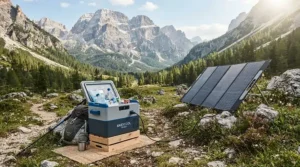 A battery cooler for van life powered by portable solar panels during off-grid living in nature.