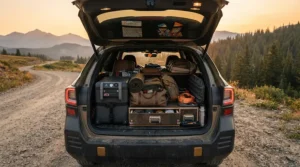 Packed boot showing a battery cooler for van life alongside other road trip essentials.