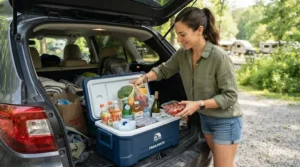 Loading fresh supplies into a battery cooler for van life during a weekend road trip.