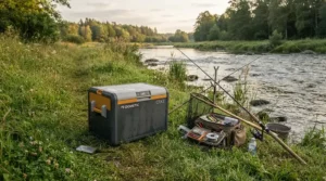 An angler using a battery powered cooler for camping by the side of a tranquil British fishing lake.