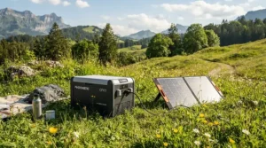 A battery powered cooler for camping being charged by a portable solar panel at a remote campsite.