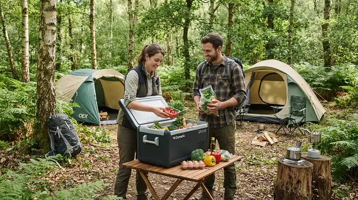 Campers using a battery powered cooler for camping near their woodland pitch in Snowdonia.