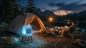 A battery powered cooler for camping glowing softly outside a tent during a quiet evening under the stars.