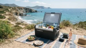 Close-up of a battery powered cooler for camping keeping picnic food chilled at a sunny Cornish beach.
