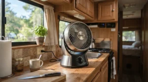 A compact caravan cooling fan shown as a compact alternative to a portable air conditioner