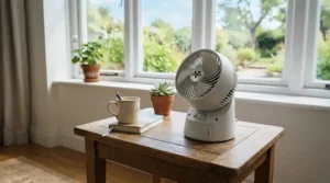 A budget caravan cooling fan installed as an essential motorhome accessory for warm weather