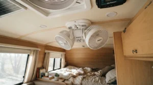 A caravan cooling fan integrated into an efficient overall caravan cooling system