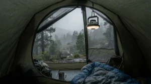 A hanging tent fan with light keeping the interior airy during a rainy camping trip