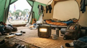 A portable tent fan with light used inside a colourful dome tent at a summer music festival