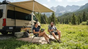 Couple relaxing under a sun awning as part of rated motorhome cooling solutions during a campsite holiday in the Lake District.
