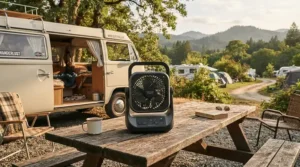 Rechargeable cooling gadgets for motorhomes featured within rated motorhome cooling solutions on a picnic table.