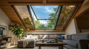 Roof skylight open wide to showcase rated motorhome cooling solutions for improving airflow during summer motorhome touring.