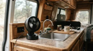 USB-powered fan on a kitchen counter highlighting rated motorhome cooling solutions for compact camper interiors.