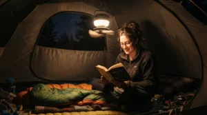 A rechargeable tent fan with light providing illumination for reading inside a sleeping bag