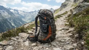 A compact solar camping fan strapped to a hiking backpack for a Highland trail hike
