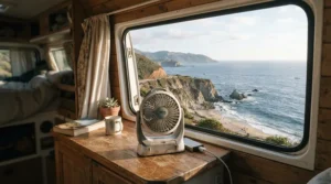 A solar camping fan mounted on a shelf inside a converted campervan on the coast