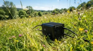 A solar camping fan recharging its battery via a small panel in a meadow