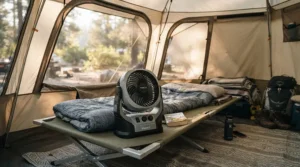 A solar camping fan cooling a family tent during a warm weekend getaway in Dorset