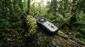 A solar camping fan resting on a log next to a woodland campsite in the New Forest