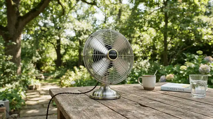 A solar camping fan sitting on a wooden picnic table during a sunny caravan holiday