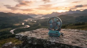 A solar camping fan perched on a mountain ridge during a wild camping expedition