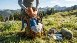 Packing a lightweight solar powered fan for off grid camping into a rucksack alongside other wild camping gear.