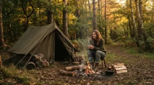 Relaxing outside a canvas shelter with a portable solar powered fan for off grid camping keeping the air fresh.