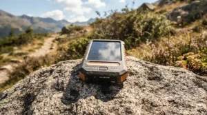 A portable solar powered fan for off grid camping sitting on a rock to recharge its battery via a mini solar panel.