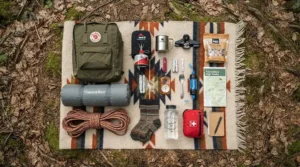 A flatlay arrangement of a solar powered fan for off grid camping alongside sustainable outdoor gear on a tartan blanket.