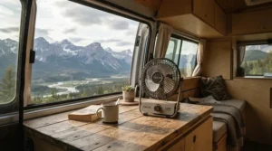 An eco-friendly solar powered fan for off grid camping positioned on a campervan table during a remote highland expedition.