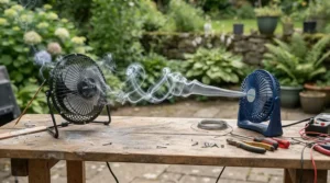 An airflow test illustrating a tent fan vs clip-on fan performance in a humid outdoor environment.