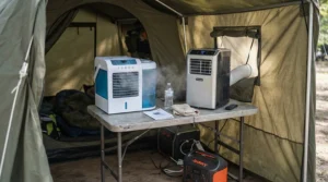 A tent fan vs clip-on fan comparison showing two cooling devices inside a nylon shelter during a weekend camping trip.